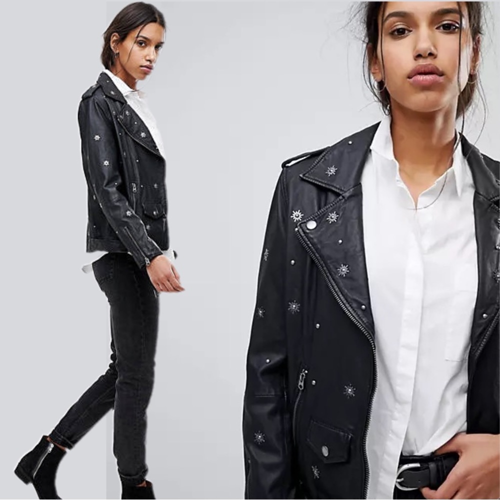 $458 LAMB LEATHER Selected Femme Studded Black Biker Jacket 34